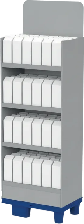 Regaldisplay Version 1.0 mit vier Trays und Topschild